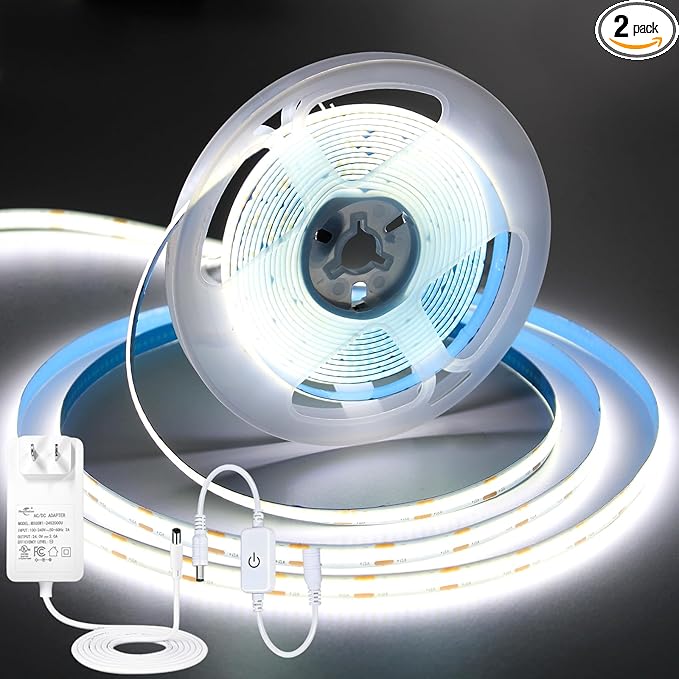 iNextStation 32.8ft/10M White COB LED Light Strip, DC24V CRI 93+ Strip Light, 6000K Color Temperature LED Lights, 8mm Width LED Tape Lights, Dimmable COB Strip Light for TV Backlight(with Plug)