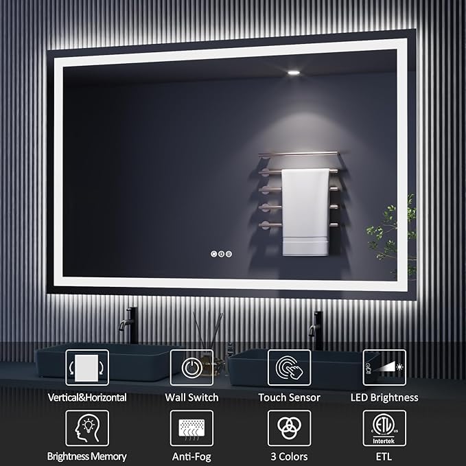 Amorho LED Bathroom Mirror 65" X36" with Front and Backlight, Stepless Dimmable Wall Mirrors with Anti-Fog, Shatter-Proof, Memory, 3 Colors, Double LED Vanity Mirror