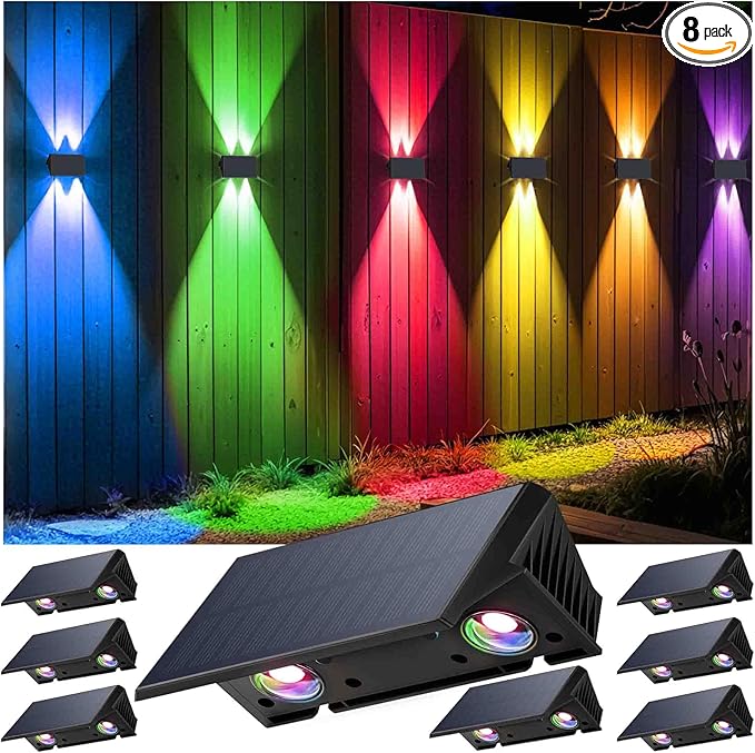 Fence Lights Solar Powered, 8-Pack Solar Fence Lights Up/Down Flexible Buttons, IP67 Waterproof for Outdoor, 100LM Bright, Auto Dusk to Dawn for Wall/Stairs/Yard/Railing/Deck/Pathway (White & RGB)