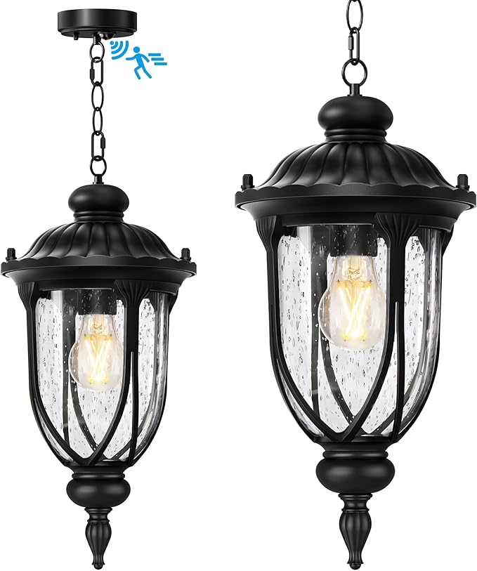 Lotsky Outdoor Hanging Lights with Motion Sensor, 15'' Dusk to Dawn Exterior Pendant Light for Porch, Anti-Rust Aluminum & Seed Glass Lantern, Outside Chandelier for Gazebo, Patio, Yard Black