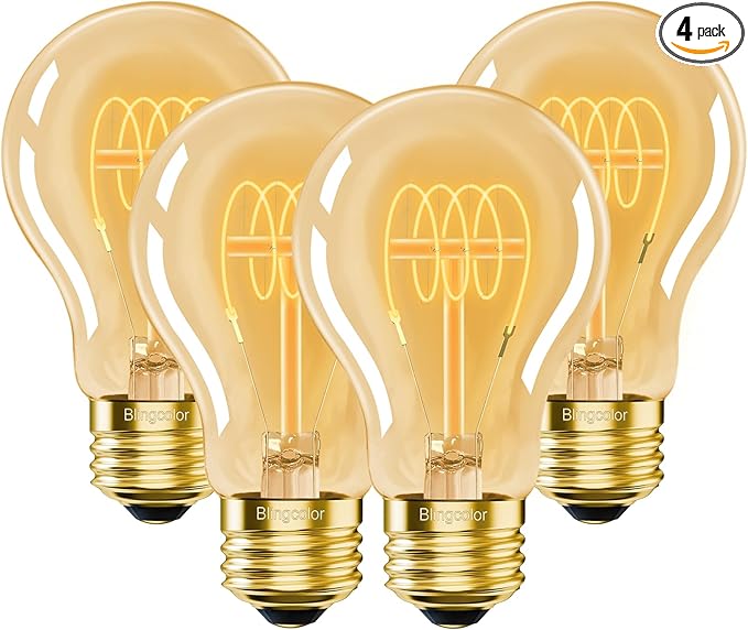 A19 Vintage LED Edison Light Bulbs 40 Watt, 4-Pack Dimmable A19 4W 2200K Amber Warm Light Bulbs, E26 Base, 4W Equal 40 Watt Incandescent Bulbs, Decorative Antique Spiral LED Bulb, 300LM