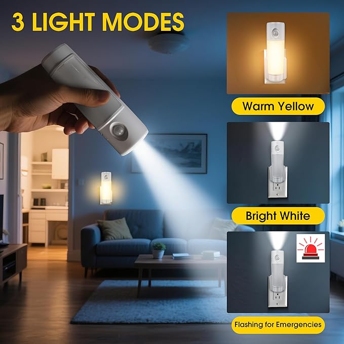 Enhon 3 Pack 4 in 1 Emergency Lights for Home Power Failure, Rechargeable LED Flashlight Plug in Wall, Automatic Turn On Power Outage Night Light with Motion Sensor for Hurricane Preparedness Items