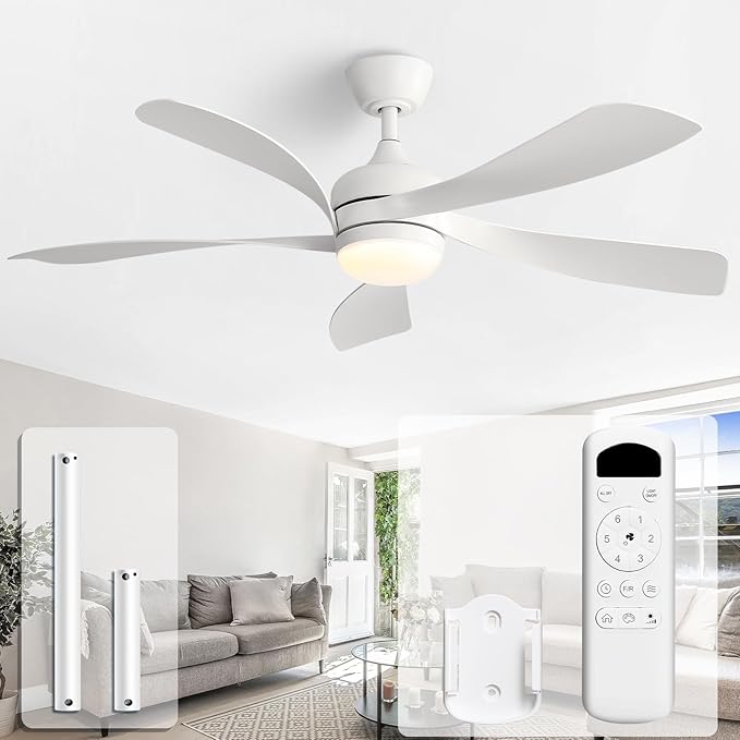 Sofucor 52 Inch Ceiling Fans with Lights and Remote, Outdoor Ceiling Fan with Light 6-Speed 3 CCT 3-Timer, White Low Profile Ceiling Fan 5 Blade Reversible DC Motor for Living Room Bedroom Patio