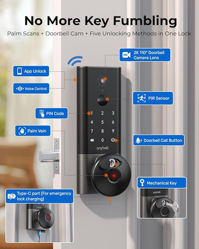 Palm Vein Smart Lock with 2K Security Camera & Video Doorbell, Anybell Keyless Entry Wi-Fi Deadbolt for Front Door, AI Local Storage, Auto Lock, App Remote Control, Home Security