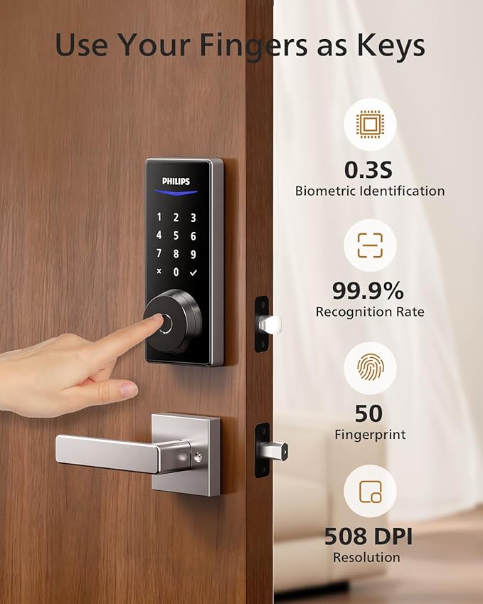 Philips Smart Lock with Handles, Keyless Entry Door Lock Set, Keypad Door Lock with 2 Level Handles, Digital Keypad Deadbolt for Front Door, App Fingerprint PIN Code Unlocking, Auto Locking