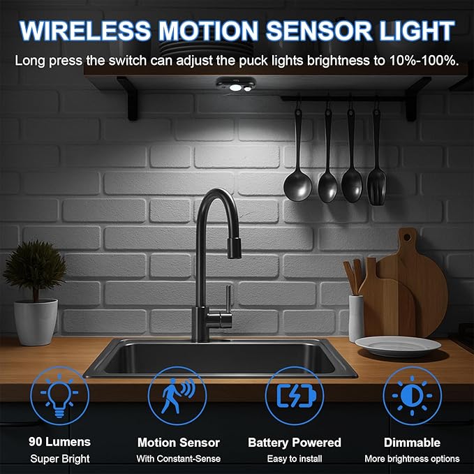 LED Motion Sensor Light Indoor, Black Magnetic Under Cabinet Lighting Daylight White, Dimmable Rechargeable Puck Lights for Closet, Kitchen, Stairs(4 Pack)