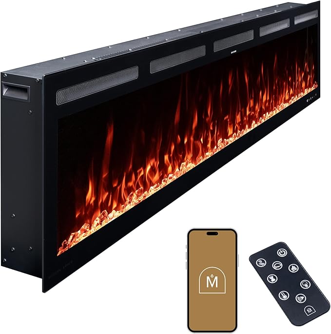 Modern Ember Vibrance 72 Inch Smart Linear Electric Fireplace Insert - Recessed or Wall-Mount, LED Multi-Flame Colors, Alexa/WiFi Enabled - Remote Included - Crystals