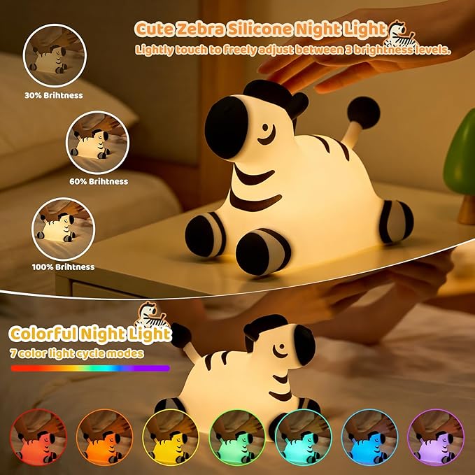 Zebra Silicone Night Light, Kawaii LED Cute Bedside Night Lights Squishy Touch Control USB Rechargeable Dimmable Lamp with Timer for Bedroom Animal Decor Adults Birthday Gifts Party Travel