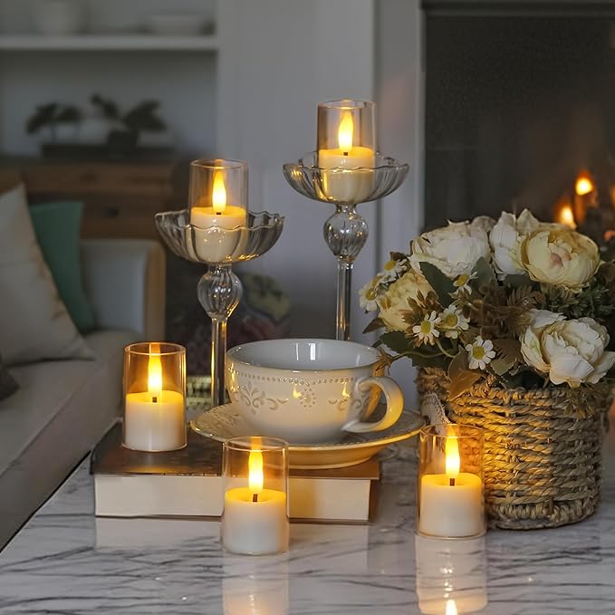 Rechargeable Acrylic Flameless Votive Candles with Timer & Remote Control, 1.7" x2.5" Flickering LED Warm Glow Tealight for Home, Wedding, Holiday Decor (Set of 9, White)