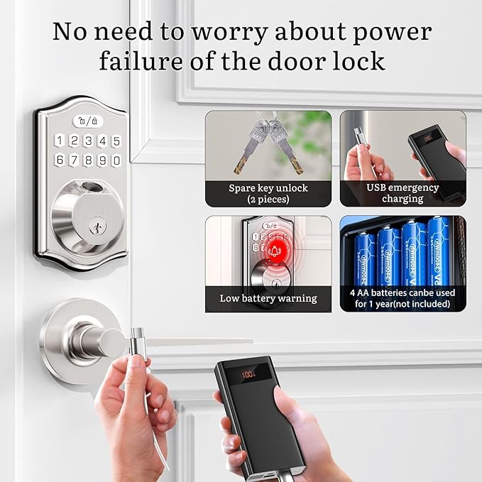 keyless Entry Door Lock deadbolt with Handle Set- Front Door Fingerprint Smart Locks with 2 Lever Handles-Keypad Code Deadbolt -App Control,Auto Lock,Easy to Install