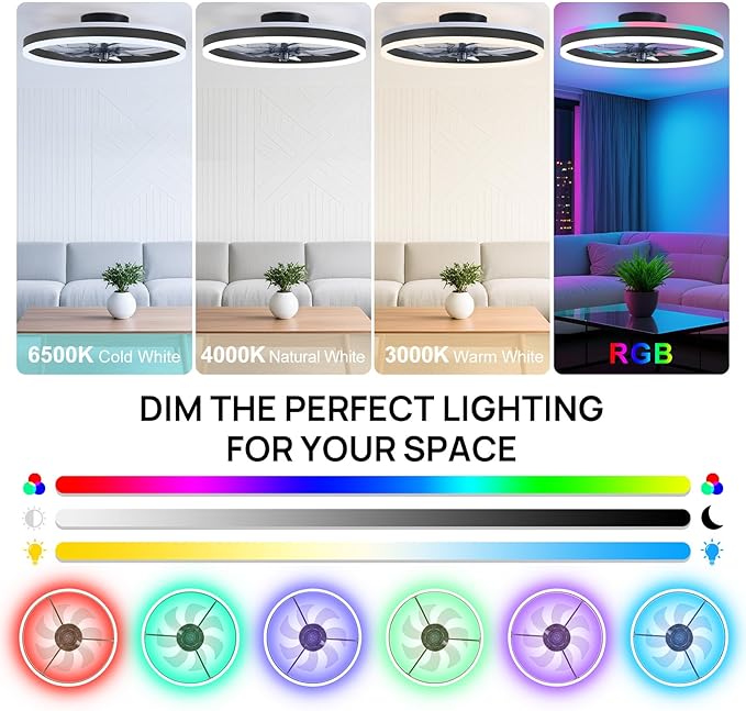 16 Inch RGB Low Profile Ceiling Fans with Lights, Modern Flush Mount Fandelier Chandelier Fixture, Remote & APP Control, Black LED Ceiling Fan Light for Bedroom, Living Room, Kitchen Indoor
