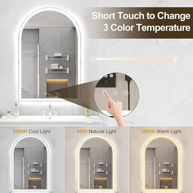 Arched LED Mirror for Bathtoom 24"x36", Silver LED Bathroom Mirror with Lights-Fogless, Dimmable, Shatterproof, Touch Sensor, 3 Color Changing