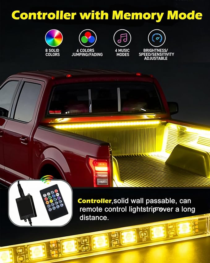 3PCS RGB Truck Bed Lights Kit - 1.5M 270pcs 5050 RGB LED Strips, 12V Remote (8 Colors/8 Brightness), 4 Flashing & 4 Music Sync Modes, IP65 Waterproof for Trucks/SUVs/RVs/Camping