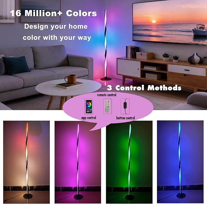 Smart RGBWIC Floor Lamp Basic, LED Corner Lamp compatible with Alexa, Modern Floor Lamp with Music Sync and 16 Million DIY Colors, Color Changing Standing Lamp for Bedroom Living Game Rooms, Black