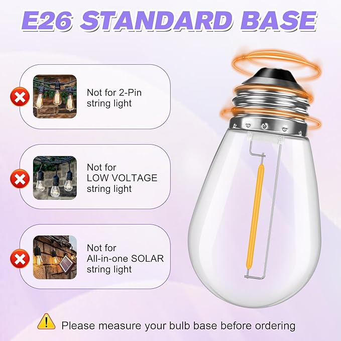 48 Pack S14 LED Replacement Bulbs for Outdoor String Lights, Shatterproof 1W E26 LED Bulbs, Waterproof Outdoor Light Bulbs for Patio Light, Soft White 2200K