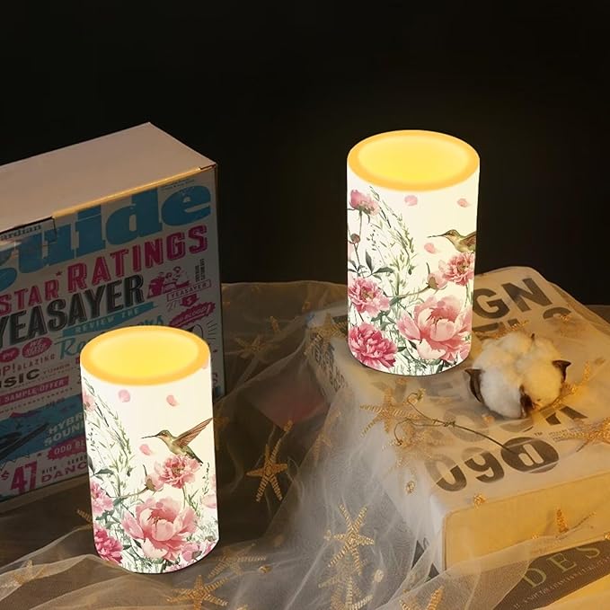 Bird Floral Flameless Candles 2 Pack 6 x 3 inch Battery Operated Candles with Multicolor Timer Remote Control LED Fake Candles for Warm Light Dinner Table Home Decor