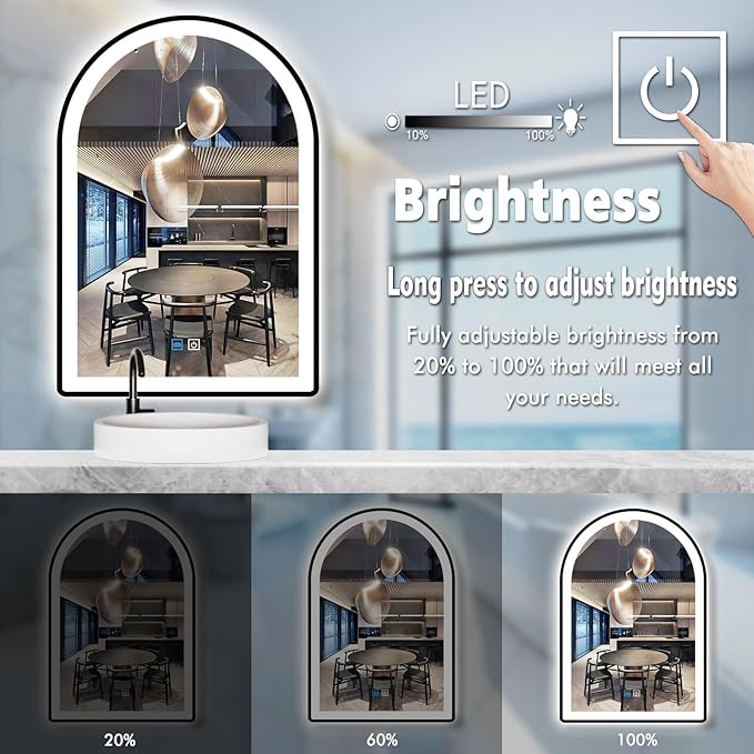24 x 36 Inch Black Arch LED Vanity Mirror with Lights, Black Frame, 3 Color Anti Fog, 36" Bathroom Arch Smart Light Up Mirror
