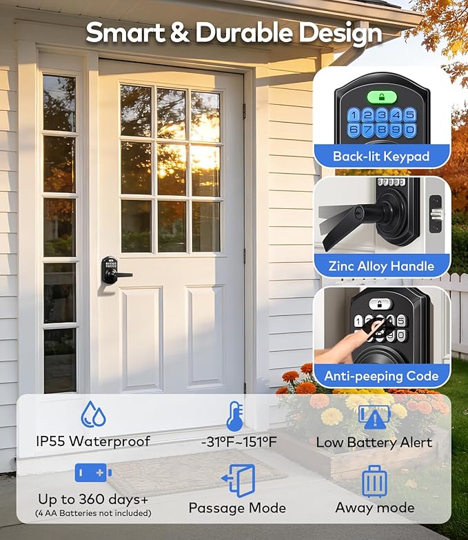 TEEHO TE019 Smart Keyless Entry Door Lock with Handle, App Control, Digital Electronic Keypad, Remote One-Time Code Sharing, Auto Lock & Passage Mode, for Bedroom & Rental, Matte Black