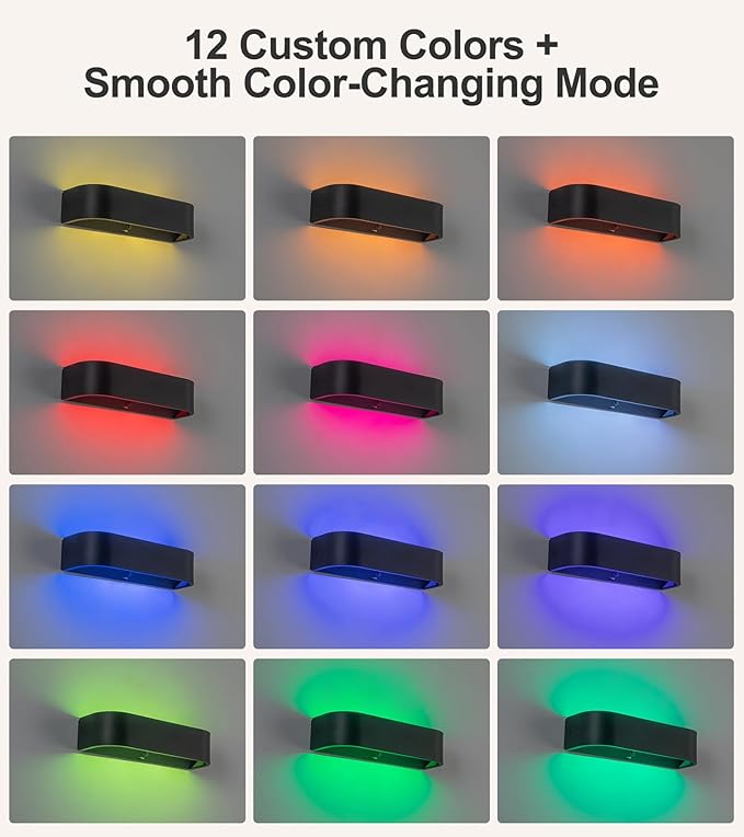 2Pcs RGB Wall Light with Remote Control, LED Indoor Wall Sconce, 6000mAh Rechargeable Battery Powered Wall Lamps, 12 Colors Wireless Wall Lamp for Bedroom Living Room Decor