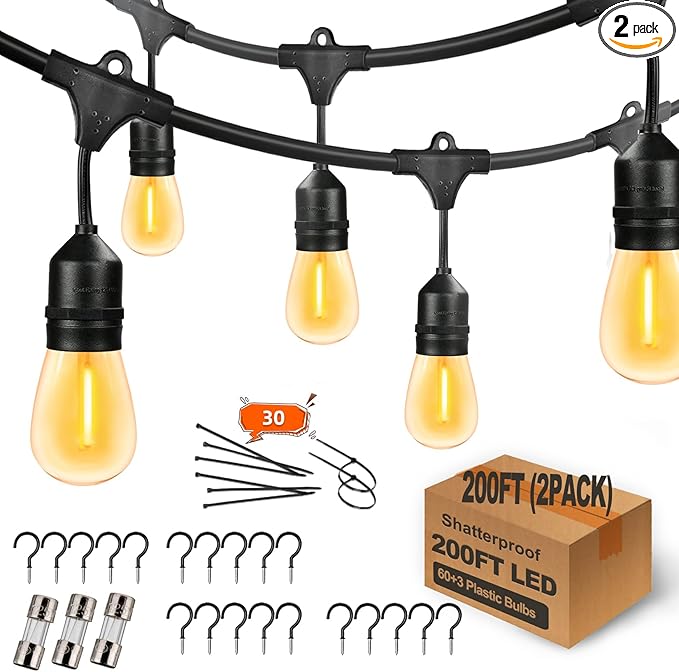 200FT Outdoor String Lights with 60+3 Replaceable S14 Edison Bulbs 2200K, Weatherproof for Patio Outside, 2Pack Linkable, Hooks and Zip Ties Included