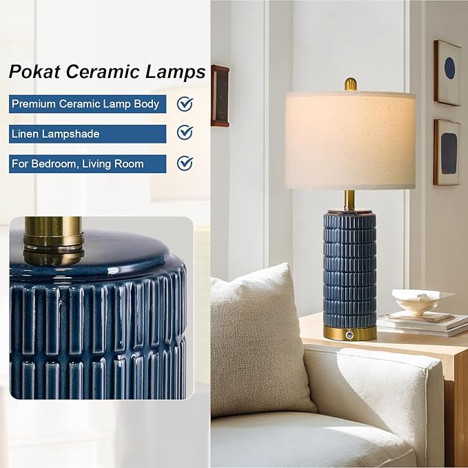 PoKat Touch Bedside Table Lamps with USB Ports for Bedroom, 25'' Dimmable Nightstand Touch Lamps for Living Room, Blue Ceramic Lamps with Gold Base for Night Stands Bedroom, Nursery, Dark Blue