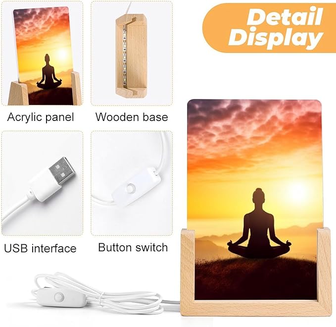 Night Light Acrylic Night Lights with USB Cables Yoga Meditation Acrylic Display Boards with Wooden Light Base Dimmable Night Lights for Home Bar Cafe Office 15.5x10.3cm