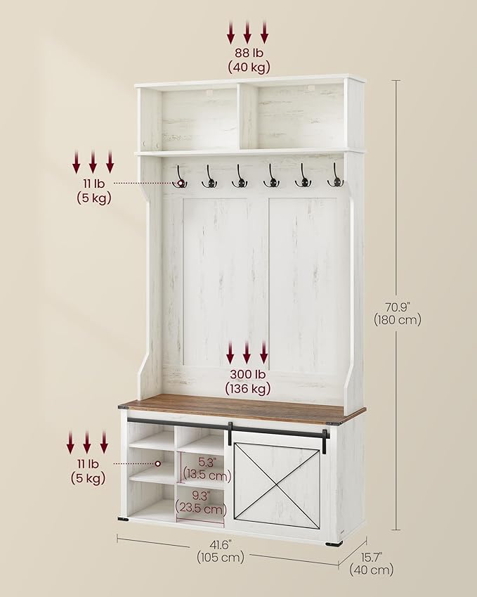 VASAGLE Hall Tree with Bench and Shoe Storage, Coat Rack with Shoe Bench, Entryway Furniture, 6 Tri-Hooks, Sliding Door, Farmhouse Style, Space Saving, Rustic White and Honey Brown UHSR442W01V1