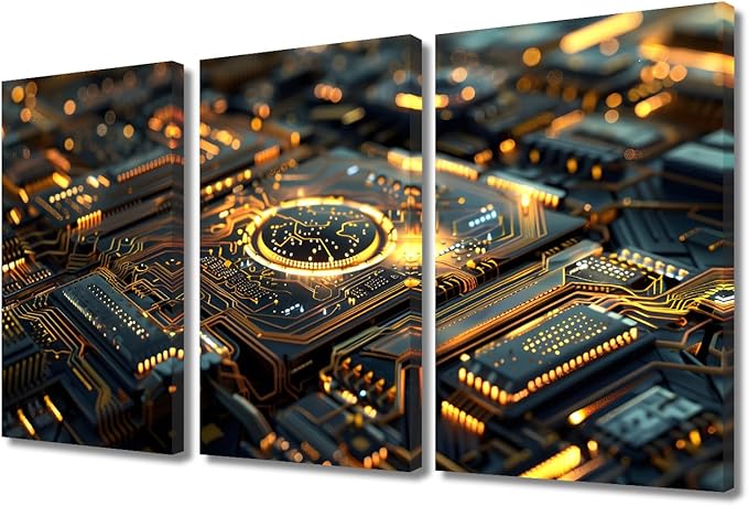 3 Panels Posters & Prints Advanced Circuitry Canvas Wall Art Computer Processors CPU Picture Prints Wall Decor Giclee Wooden Framed Gallery-Wrapped Ready to Hang (36"Wx24"H)