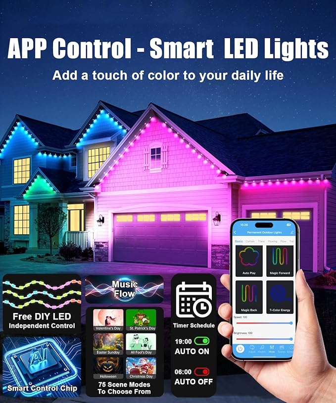 Permanent Outdoor Lights for House, 100Ft Smart RGB+IC Outdoor Decor Lights, 75 Scene Modes, APP & Remote Control, IP67 Waterproof, for Christmas, Daily & Holiday, House Roof Lighting