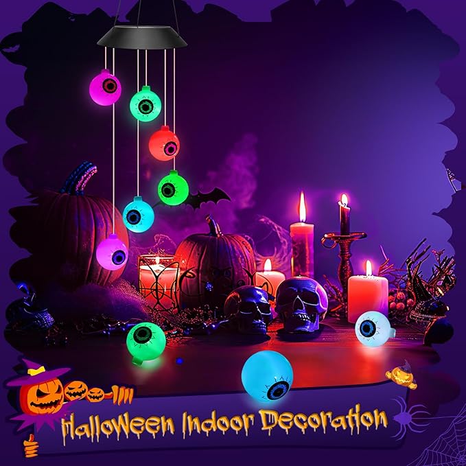 Winzwon Halloween Decorations Outside Solar Outdoor Lights Waterproof Eyeballs Wind Chimes for Party Yard Porch Patio Home Window Indoors Hanging Mobile Decor