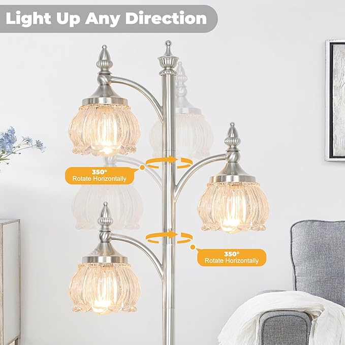 Brushed Nickel Floor Lamps for Living Room Silver Flower Standing Lamp with 3 Brightness Lights Glass Shades 66.5in Lamp for Bedroom Office(3LED Bulbs Included)