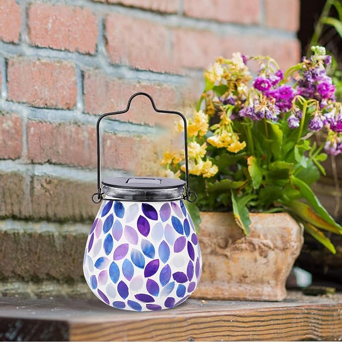 Bshine Mosaic Solar Lantern Outdoor Hanging Waterproof, Purple Mosaic Light Indoor Decorative Table, Garden Decor for Yard Outside, Path, Courtyard, Lawn, Birthday Gift for Mom Women Gardening