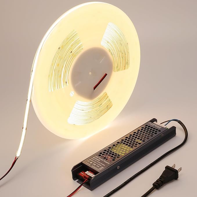 48V COB LED Strip Light 65.6ft, 4000K Natural White Flexible Cuttable LED Tape Lights 8W/M 480LEDs/M CRI 92 with AC 110V Power Supply for Bedroom Ceiling Living Room Commercial