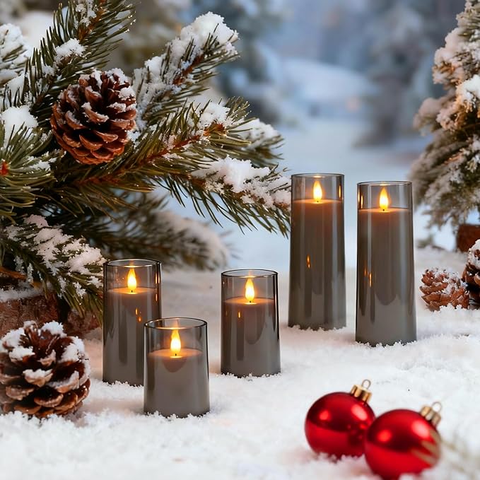 Raycare Flameless Candles Battery Operated with Remote Timer, Acrylic Flickering LED Pillar Candle for Christmas Decoration, Home Decor, Gift for Family and Friend, Grey, Set of 5