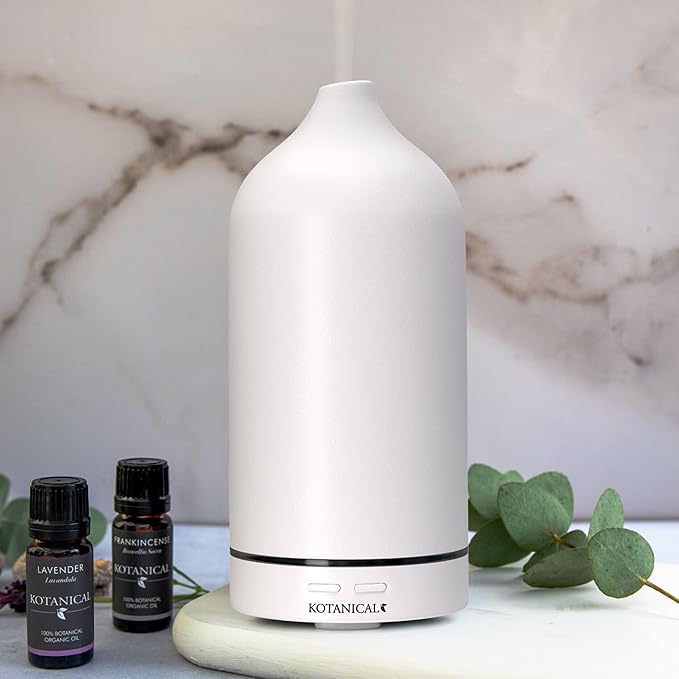 White Stone Essential Oil Diffuser – Ceramic Aromatherapy Diffuser with Ultrasonic Mist, LED Ambient Light & Auto Shut-Off for Home, Bedroom, Office