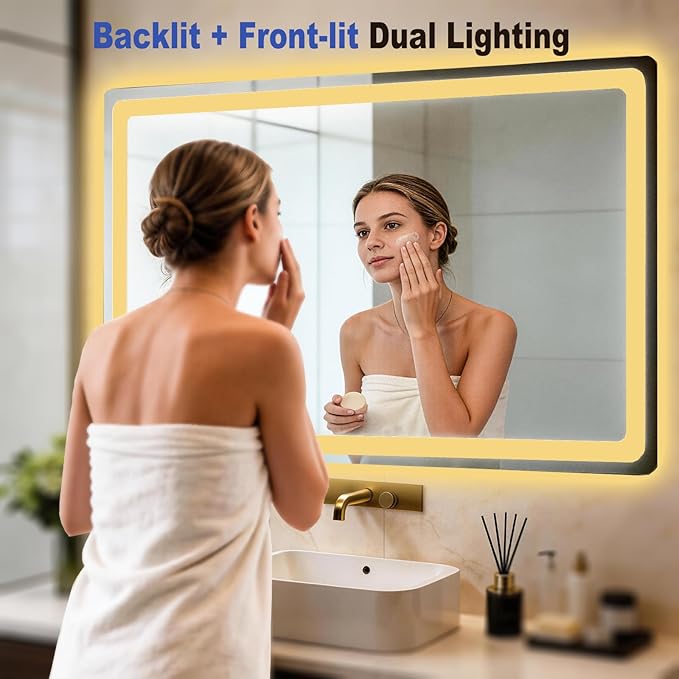 LTFUUAI 28"X36" LED Bathroom Mirror with Lights, Smart Touch 3-Color Dimming Lighted Vanity Mirror Wall Mounted, Anti-Fog Shatterproof with Front & Back Light, for Bathroom Vanity(Horizontal/Vertical)