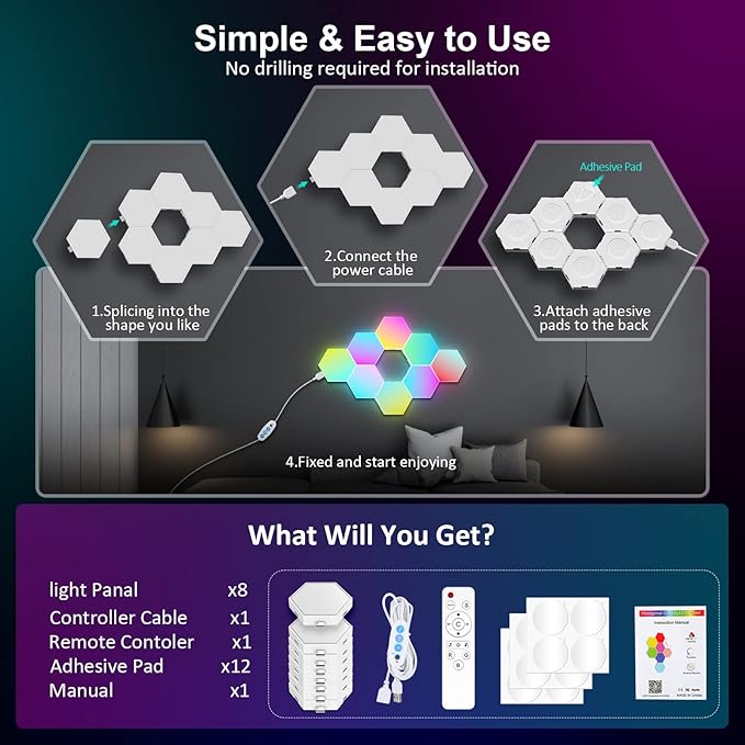 OJQ 8 Pack Hexagon Lights Wall RGB Panel - Hexagonal Led Lights Room Decor Wall Lights Gifts for Men/Women Honeycomb Shape Panels Hexagon Gaming Led Lights for Bedroom Children