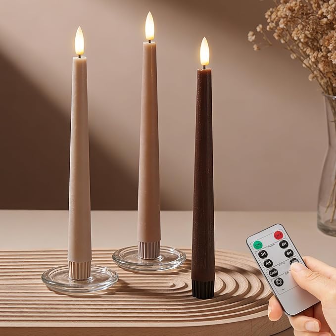 Brown Flameless Taper Candles with Remote, 9.6 Inches Real Wax Battery Operated Candles, 3 Pack Flickering LED Candlesticks, Tall Taper Fake Candles for Home, Wedding, Party
