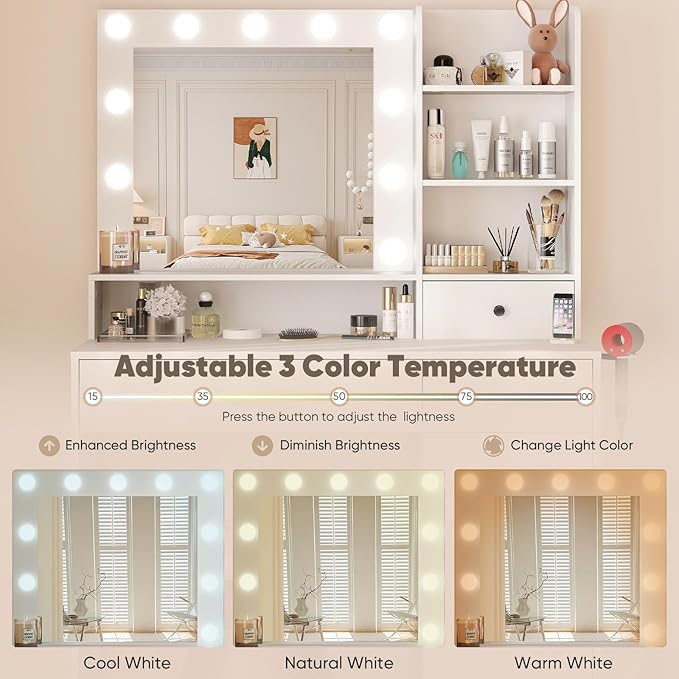 DUMOS Vanity Desk Makeup with Mirror LED Lights, White Table with Power Outlet 2 Drawer, 4 Storage Shelves Cabinet & 3 Lighting Mode Adjustable Brightness, Dressing Tables for Bedroom