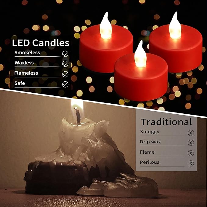LED Tea Light Flameless Candles with Remote Control Flickering Tealight Long Lasting, Battery Operated with Timer for Halloween Home Decoration Seasonal &Festival Celebration Red (12pcs)