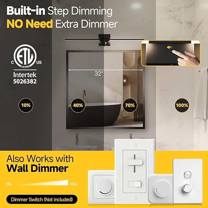 Vanity Lights 32 inch, 4-Level Brightness Built-in Dimmer, 18.5W Dimmable 5CCT Bathroom Light Fixtures Over Mirror, Black Vanity Lights for Bathroom Mirror Bedroom-FCC & ETL Certified