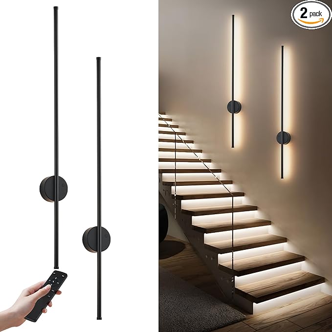 Motion Sensor Battery Operated Wall Sconce Set of Two - Modern Rechargeable Wireless Wall Lights with Remote Control, Dimmable, 3000K/4000K/6000K, Timer for Living Room, Hallway, Black, 39.3 Inch