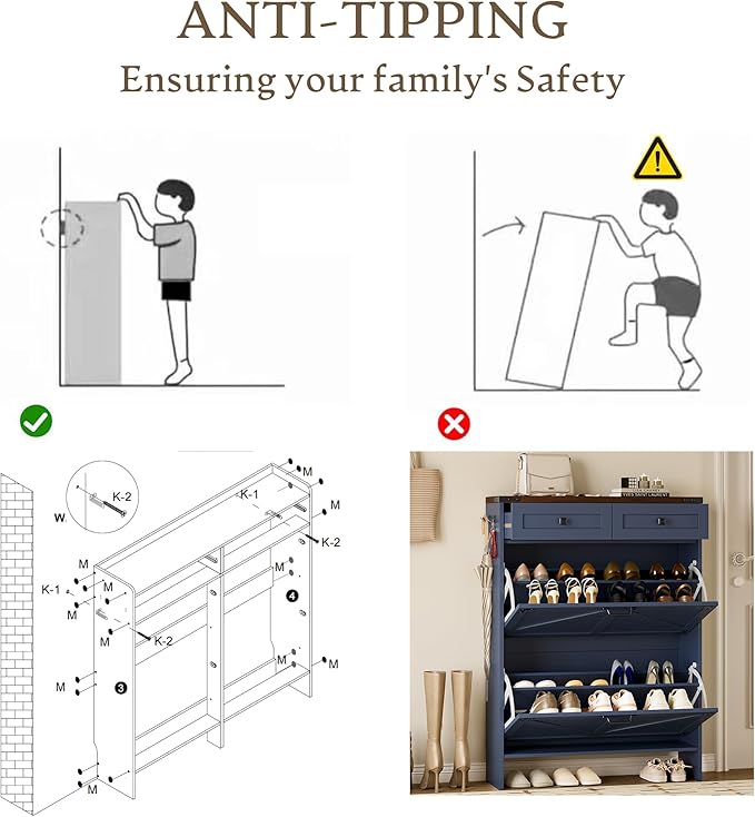 Shoe Cabinet with Odor Control Deodorizer and Back Panel, Farmhouse Narrow Shoe Storage Cabinet Rack for Entryway with 2 Flip Drawers and 2 Top Drawers, Adjustable Shelves, Side Hooks
