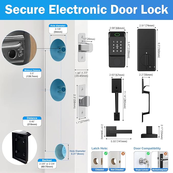 Smart Door Lock Keyless Entry with Handles TTLock APP Fingerprint Touchscreen Keypad IC Card Key Type-C Charging Unlocking 6 in 1 Electric Biometric Digital Deadbolt for Front Doors Apartment