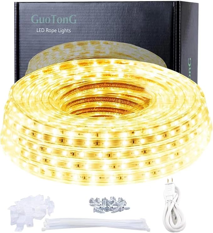 110V Warm White Led Strip Lights Outdoor 20ft 3000K Led Rope Lights Indoor Waterproof Flexible Cuttable Connectable with UL Listed Power Supply for Home Bedroom Garden Decoration