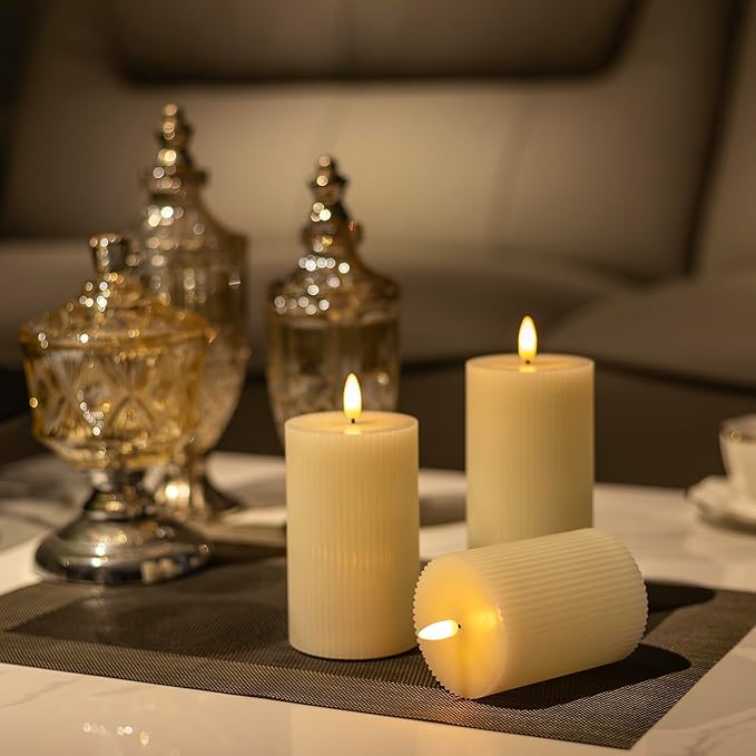 ANGELLOONG Ribbed Pillar Candles for Home Decor, Real Wax Flameless Candles with Remote, Set of 3 Battery Operated Candle, LED Electric Timer Candle for Bathroom Party Living Room Decor
