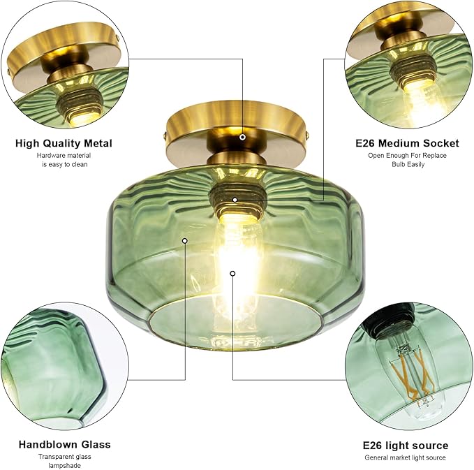 Tbaoinal Semi Flush Mount Ceiling Light Textured Green Glass Shade Matal Base Inclede LED Bulb, for Kitchen/Hallway/Entryway/Bathroom for a Golden Brass