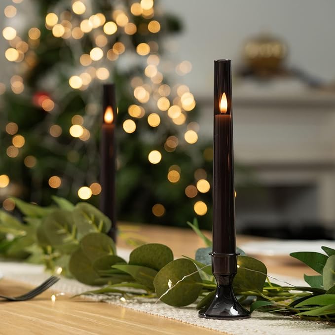Homemory 6 Pcs Flameless Taper LED Candles with Remote and Timer, 3D Wick Flickering, Window Candles with 2 Light Modes, Battery Operated for Xmas Wedding Decor, 9.6 Inch, Black