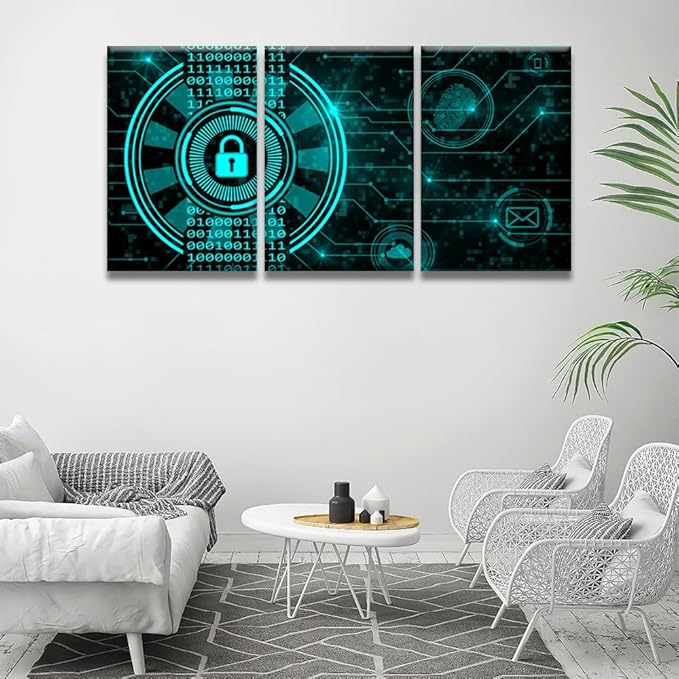 LSIUHWUWI 3 Panel Wall Art Secure Technology Concept Padlock Binary Code Hud Pictures Posters for Living Room Decorations, Connecting Lines Fingerprint Cloud Mail Artwork Ready to Hang, 16x24inchx3