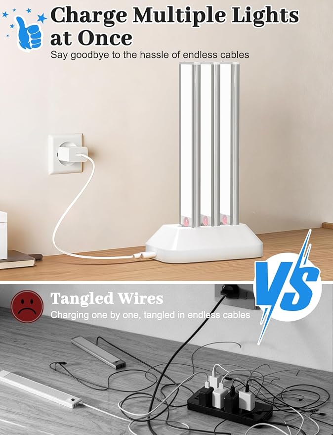 Under Cabinet Lighting with Charging Station, 2200mAh Rechargeable Motion Sensor Light Indoor, Dimmable Closet Lights with 3 Color Tempers, Magnetic Under Cabinet Lights for Kitchen Wireless, 3-Pack